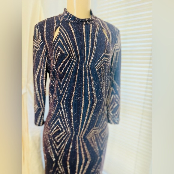 En Focus Studio size 10 embellished blue and gold metallic formal dress. - Picture 2 of 9